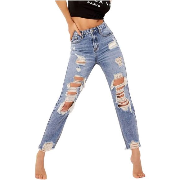 SHEIN Denim - Stone Wash High Waisted Super Distressed Boyfriend Jeans
